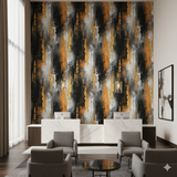 Abstract multicoloured wallpaper with patterns of black, grey, and orange strokes.