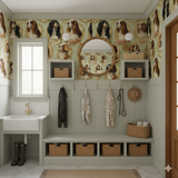 Regency Spaniel wallpaper with dog portraits by York Wallcoverings, styled in a green mud room.
