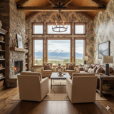 Ram's Ascent Wallpaper with mountain scene and ram motifs, covering walls to the ceiling in a rustic living room setting.
