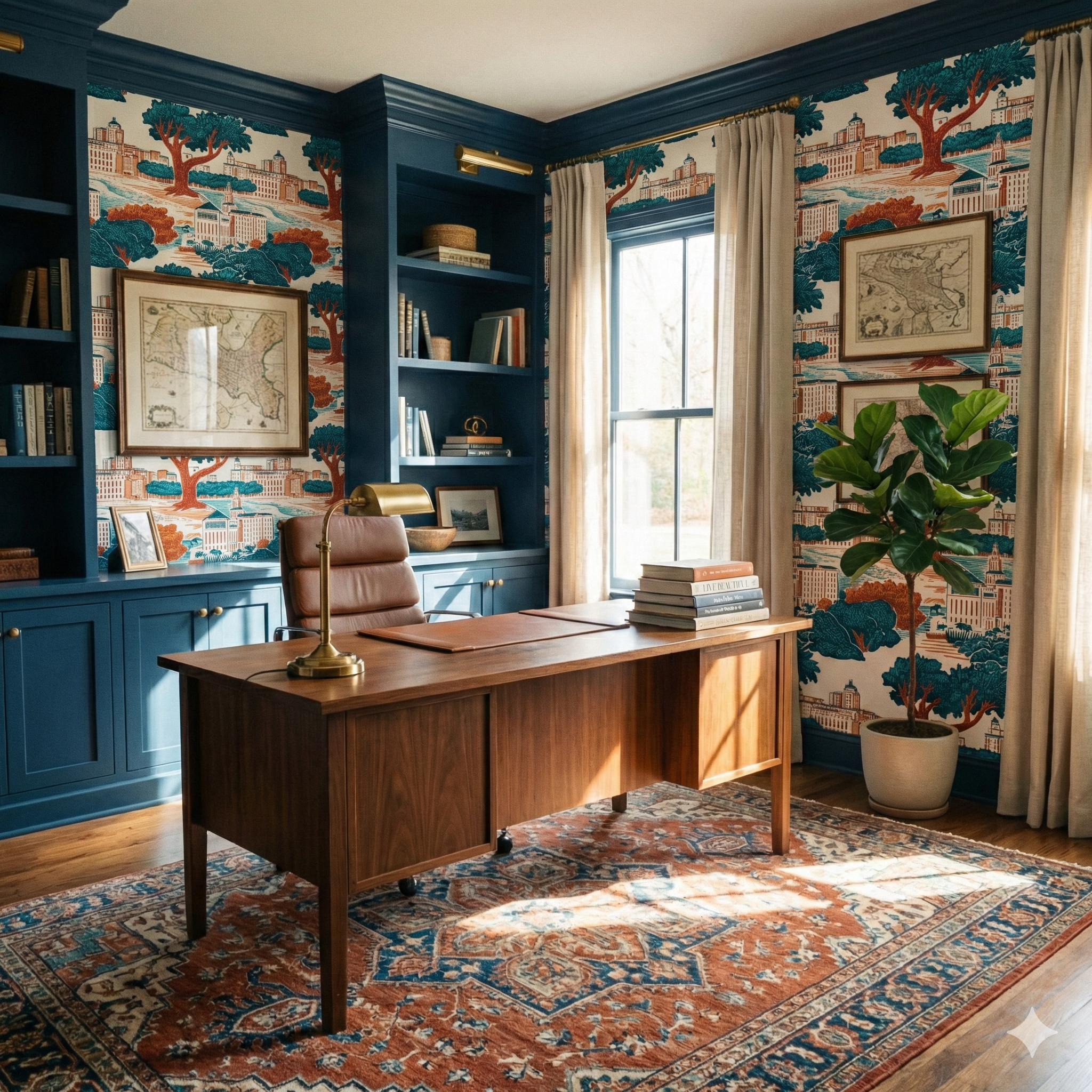 Patterned wallpaper with buildings and trees, and dark blue trim.