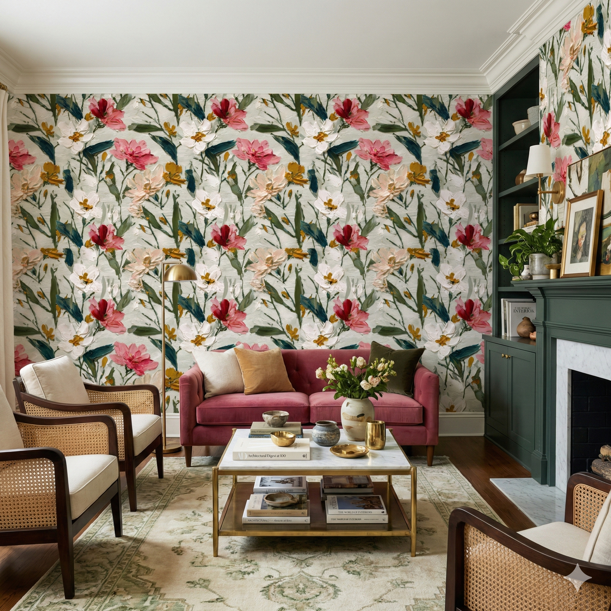 Floral print wallpaper with pink, white, and yellow blossoms, patterned across the entire wall.