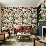 Floral print wallpaper with pink, white, and yellow blossoms, patterned across the entire wall.