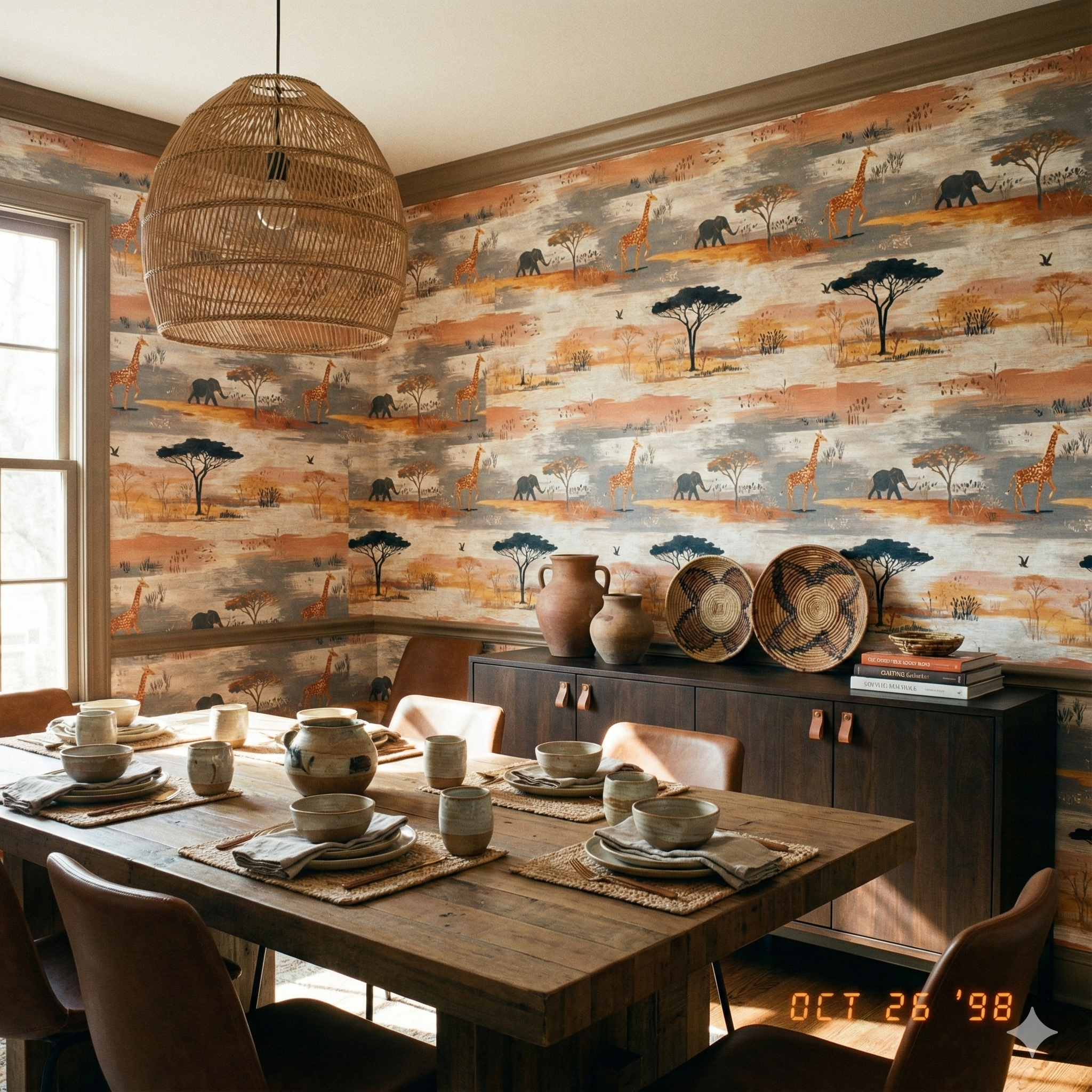 Savanna Meridian Wallpaper featuring giraffes and elephants on the wall, with safari pattern.

