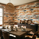 Savanna Meridian Wallpaper featuring giraffes and elephants on the wall, with safari pattern.
