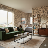 Patterned Atelier Faces Wallpaper with black line drawings of faces covering walls.
