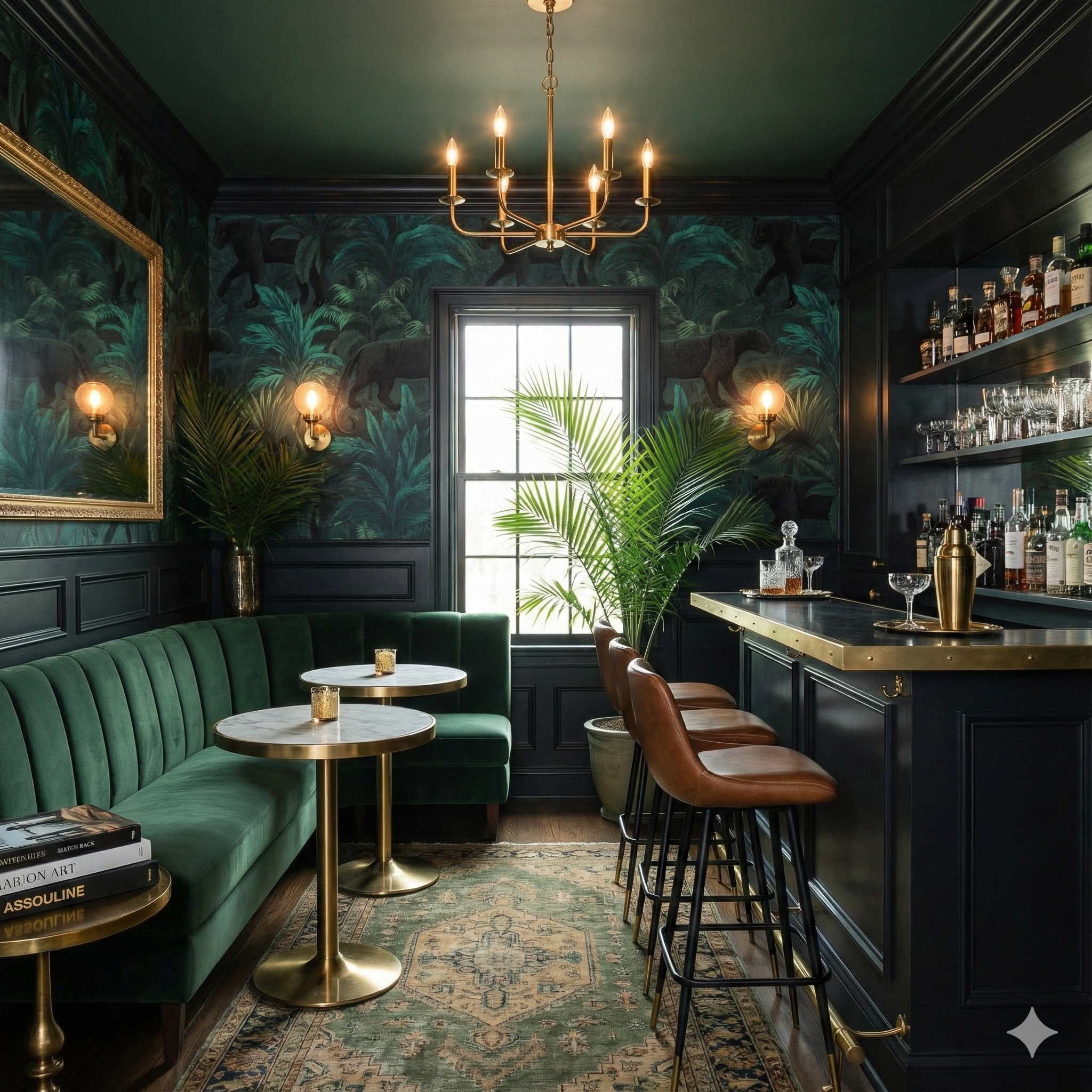 Dark green wallpaper with panther pattern from Blackthorn, featuring a lush tropical motif in a stylish bar setting.
