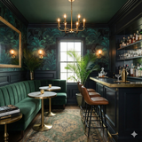 Dark green wallpaper with panther pattern from Blackthorn, featuring a lush tropical motif in a stylish bar setting.
