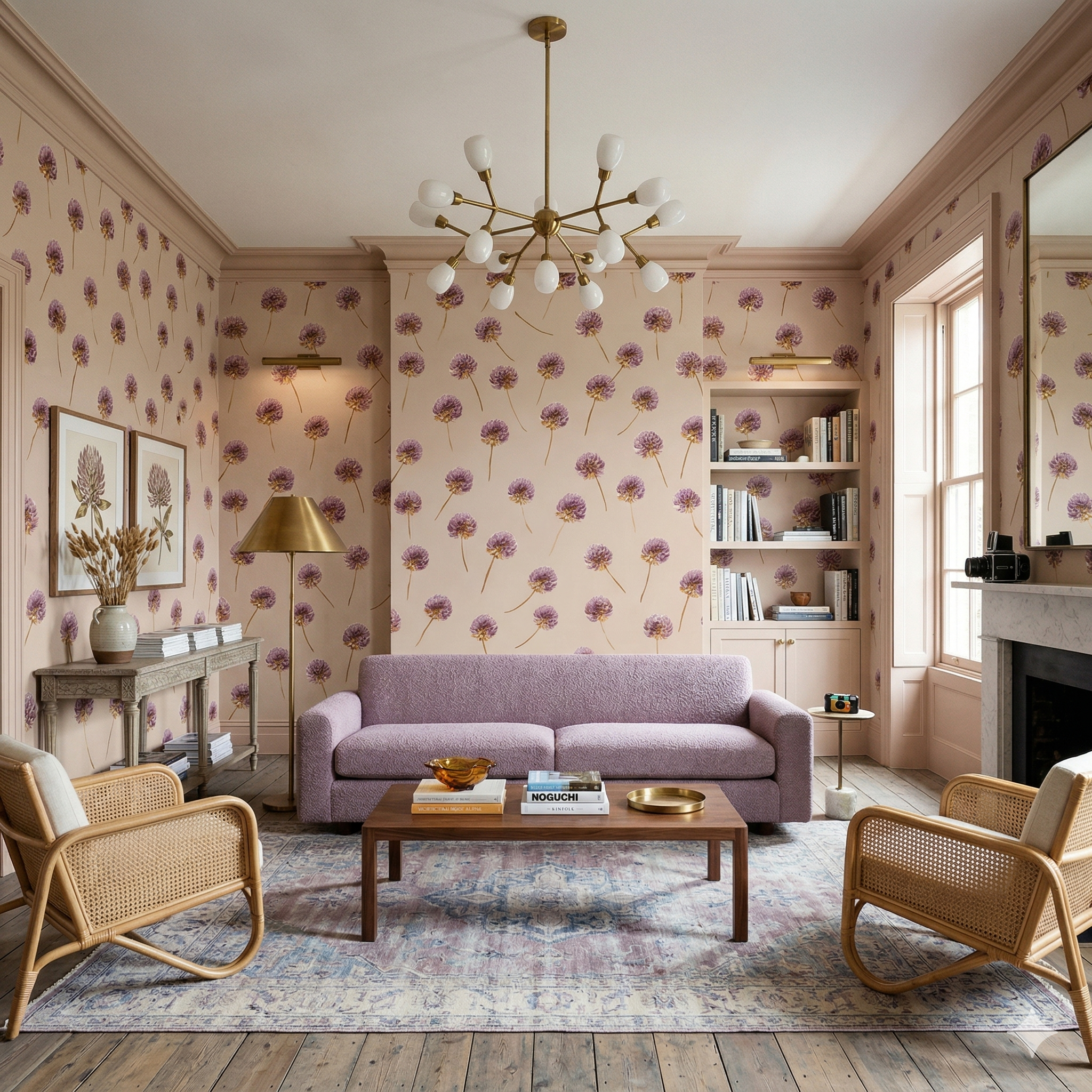 Floral patterned wallpaper with pink clover flowers on a beige background.