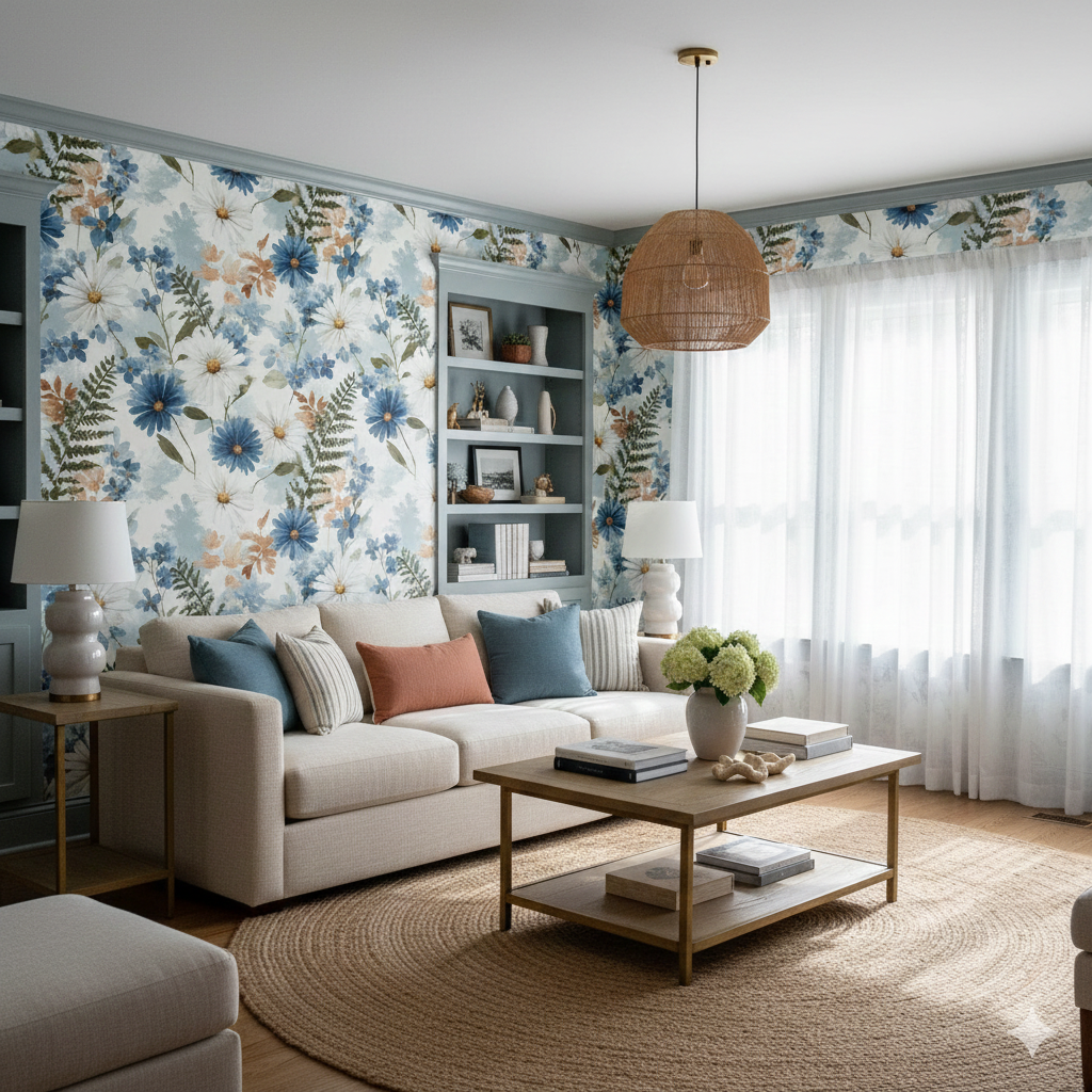 Floral wallpaper featuring daisies and ferns, in watercolor style.
