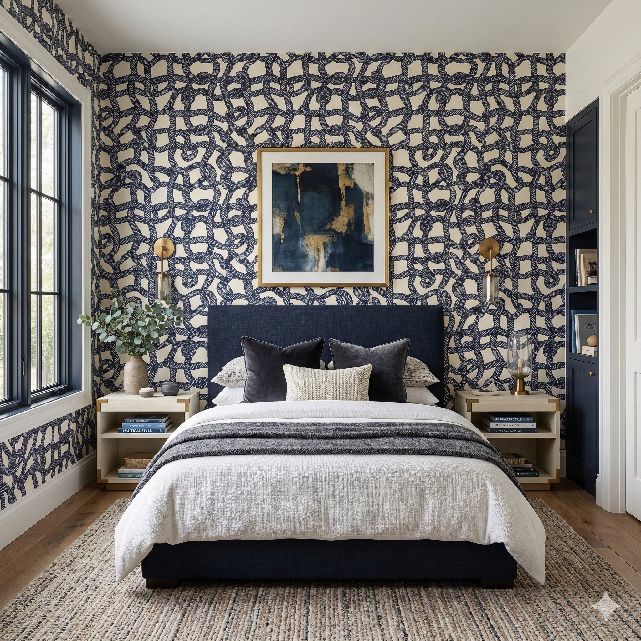 Mariner's Knot wallpaper with nautical rope pattern, in a bedroom setting with navy headboard and neutral rug.
