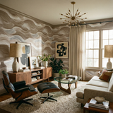 Tidal Veil wallpaper with a wave pattern on the wall, in a staged living room.