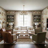 Mocha rings wallpaper with wood slice pattern, in a styled living room setting.