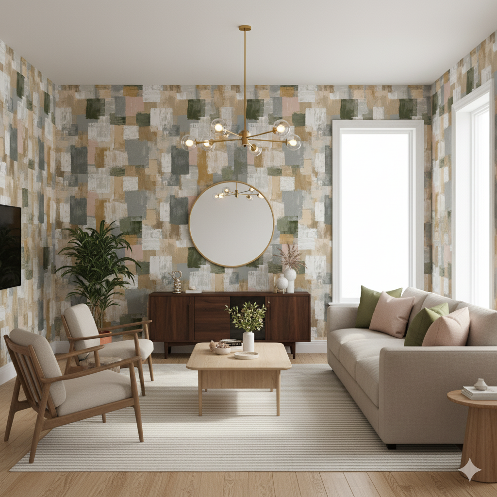Prairie Grid Wallpaper with a geometric pattern, earthy tones and subtle textures.