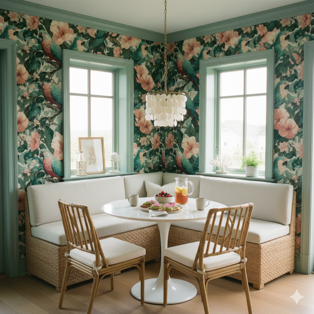 Floral and macaw print wallpaper in a tropical style.