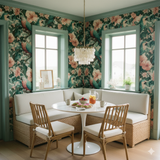Floral and macaw print wallpaper in a tropical style.