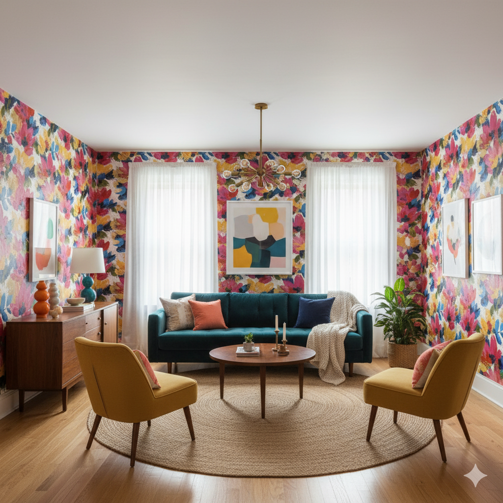 Floral bloom wallpaper with watercolor design, from Atelier, in a colorful and vibrant living room setting.
