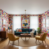 Floral bloom wallpaper with watercolor design, from Atelier, in a colorful and vibrant living room setting.
