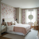 Sakura Lantern Bloom Wallpaper with floral pattern and a watercolor effect, decorating a bedroom with soft colors.