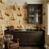Decanter Study Wallpaper with brown bottle motif, displayed in a well-appointed home bar setting.
