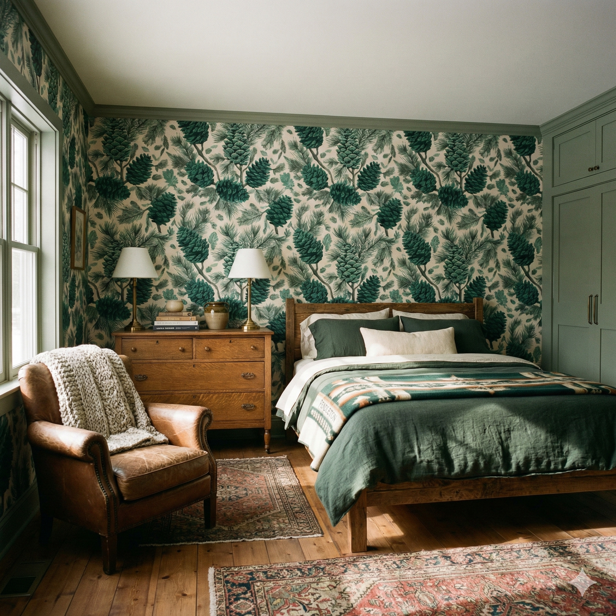 Green and cream wallpaper with pinecone pattern; a cozy bedroom with antique furniture.
