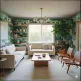 Sierra Crestfold Wallpaper with scenic pattern, covering the walls and complemented by a stylish shelf and decor.