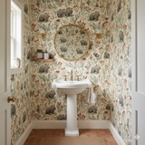 Wattle Hollow Wallpaper with bear and floral pattern on a wall, creating a nature-inspired interior.