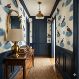 Blue Sentinel wallpaper with bird and nest pattern, styled in a hallway with dark blue wainscoting.