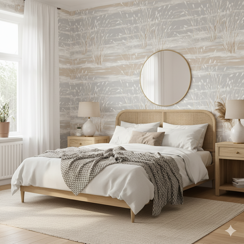 Marshland Whisper wallpaper with a landscape-inspired pattern, featuring reeds and textural horizontal bands.