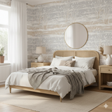 Marshland Whisper wallpaper with a landscape-inspired pattern, featuring reeds and textural horizontal bands.