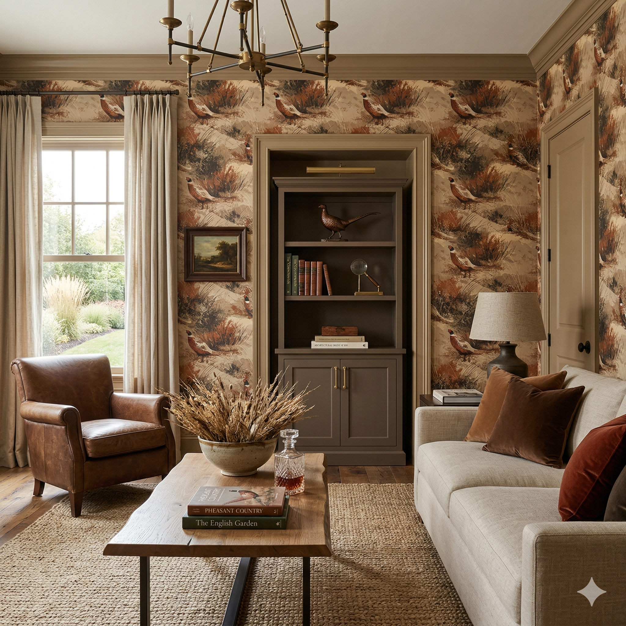 Patterned wallpaper featuring pheasant illustration with ornamental bookshelf and sofa.