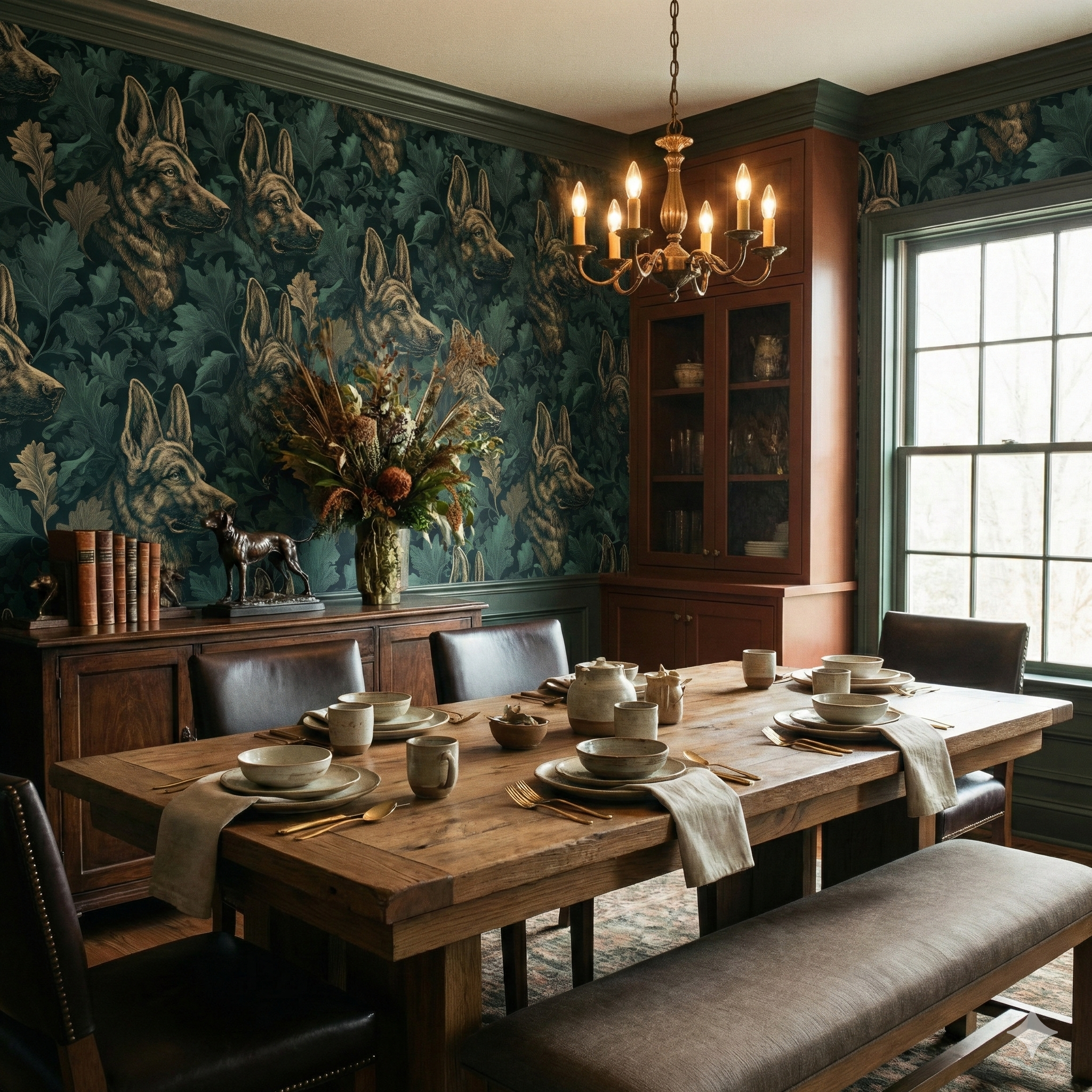 Sylvan Guardian Wallpaper featuring dog portrait patterns and oak leaf designs on a dark green background.