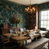 Sylvan Guardian Wallpaper featuring dog portrait patterns and oak leaf designs on a dark green background.