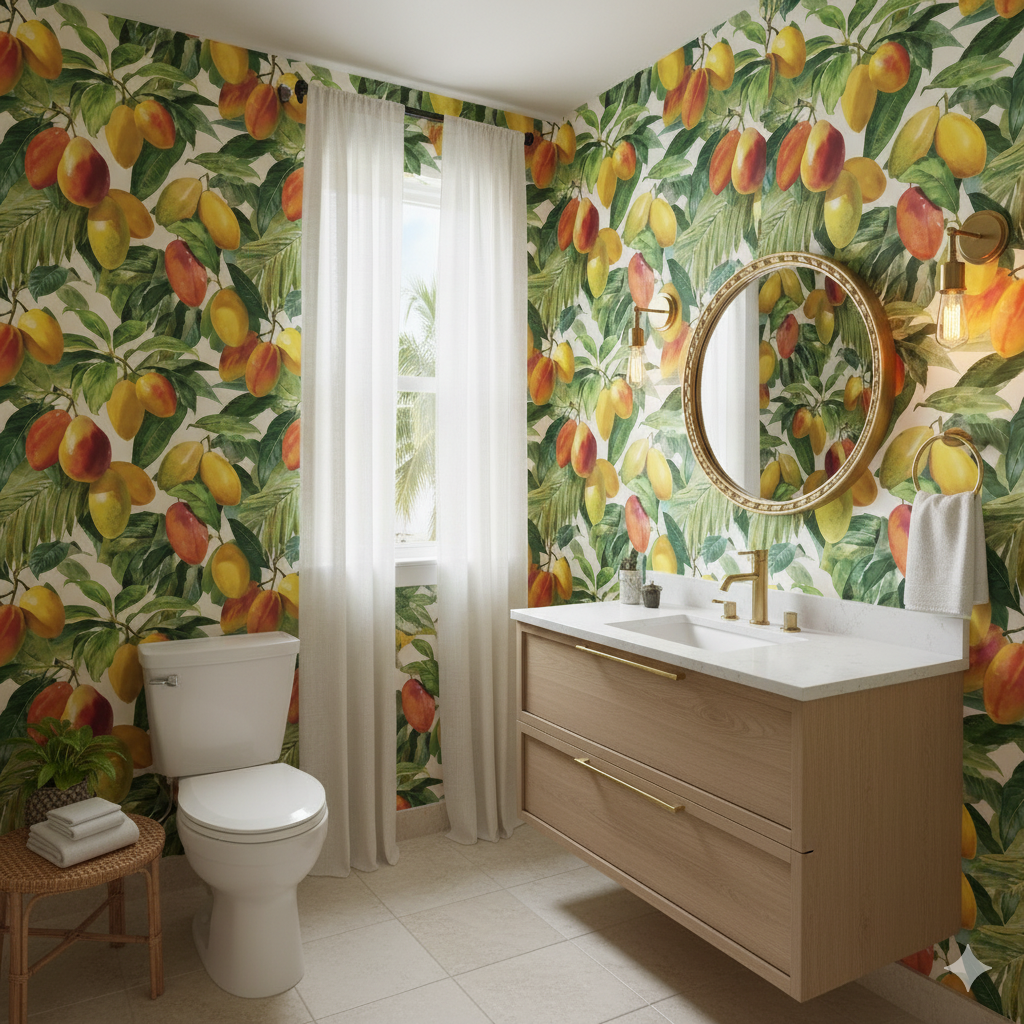 Mango Grove wallpaper with a mango tree pattern and leaves on an accent wall.