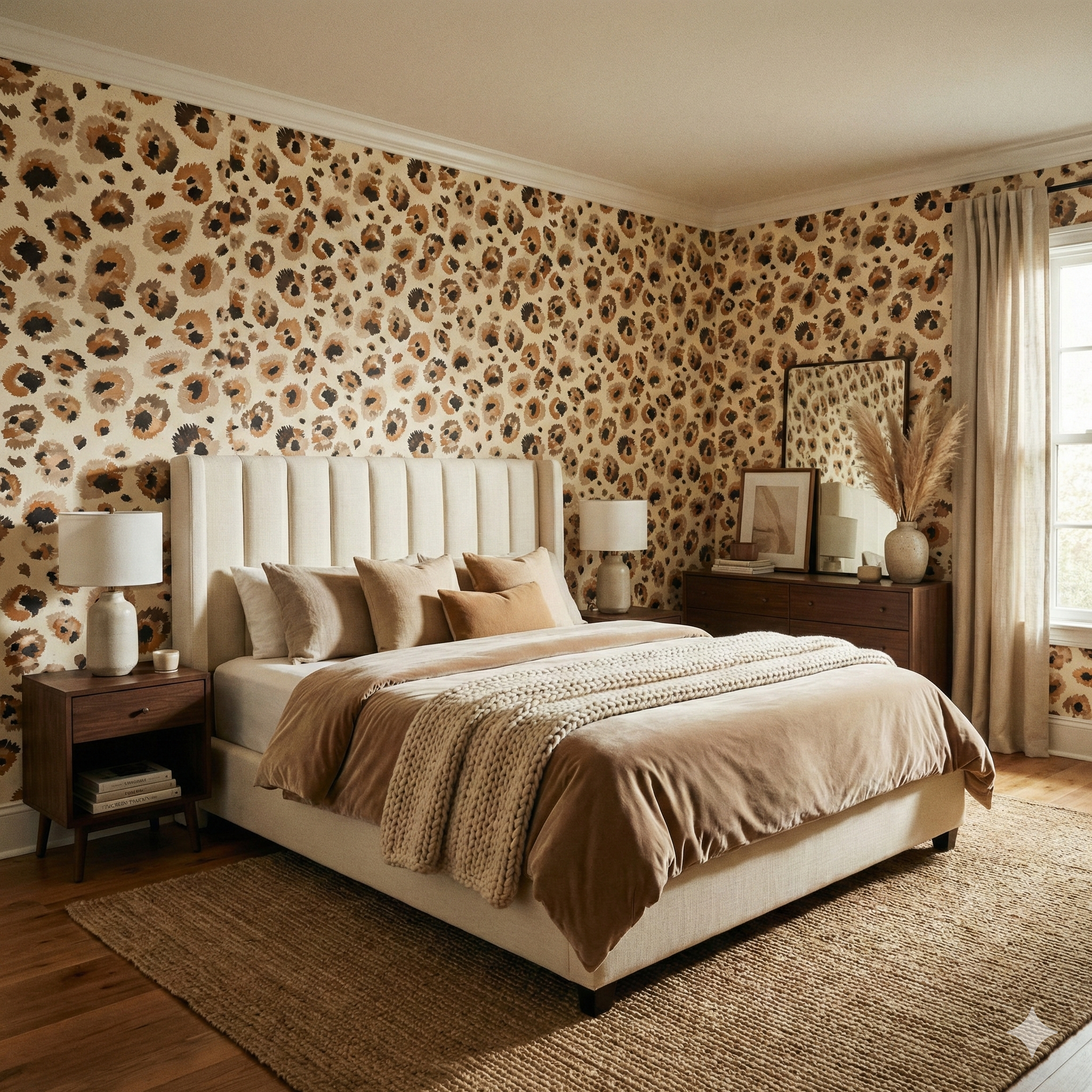 Savanna Ink wallpaper with a brown animal print, covering the walls of a bedroom.