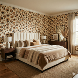Savanna Ink wallpaper with a brown animal print, covering the walls of a bedroom.