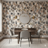 Mosaic wallpaper featuring gray, black, and tan geometric shapes.