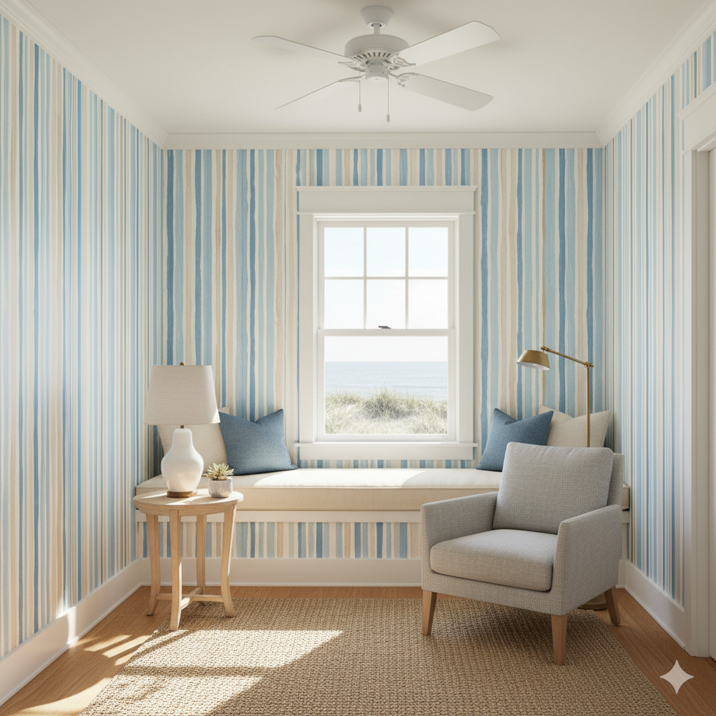 Striped wallpaper by Seabrook with blue, beige, and white vertical pattern in a cozy room setting.
