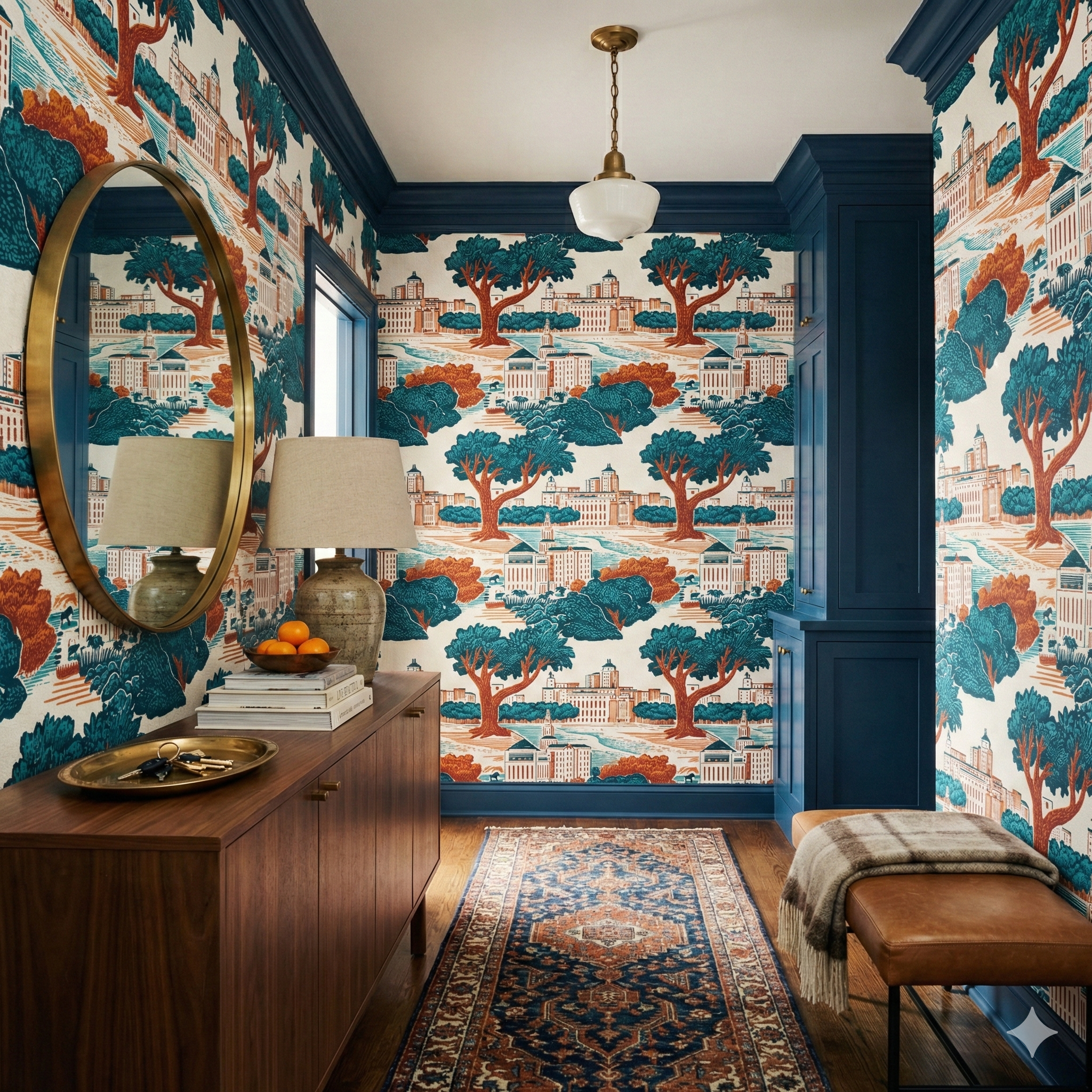 Cypress Assembly Wallpaper with a teal, brown, and beige historical pattern.