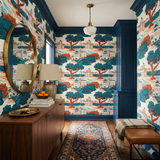 Cypress Assembly Wallpaper with a teal, brown, and beige historical pattern.
