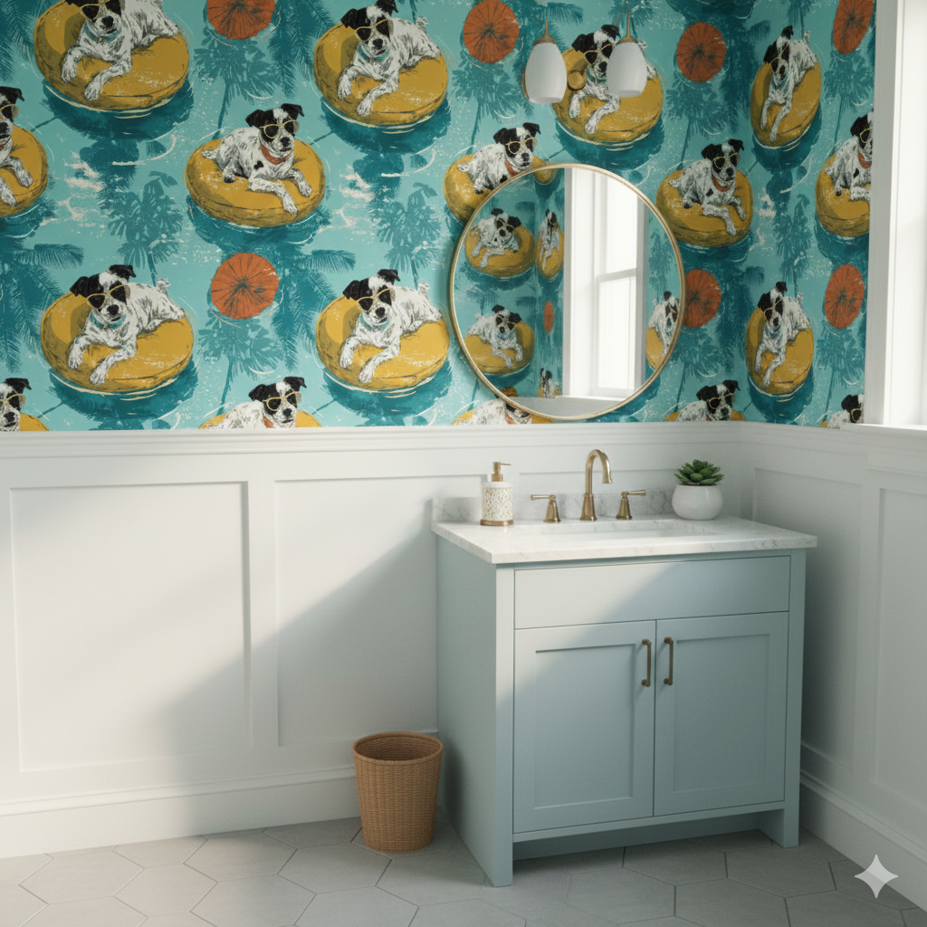 Sunchaser Floatline Wallpaper with a cartoon pattern featuring dogs on floaties, set in a bright, whimsical style.
