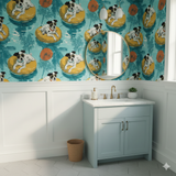 Sunchaser Floatline Wallpaper with a cartoon pattern featuring dogs on floaties, set in a bright, whimsical style.
