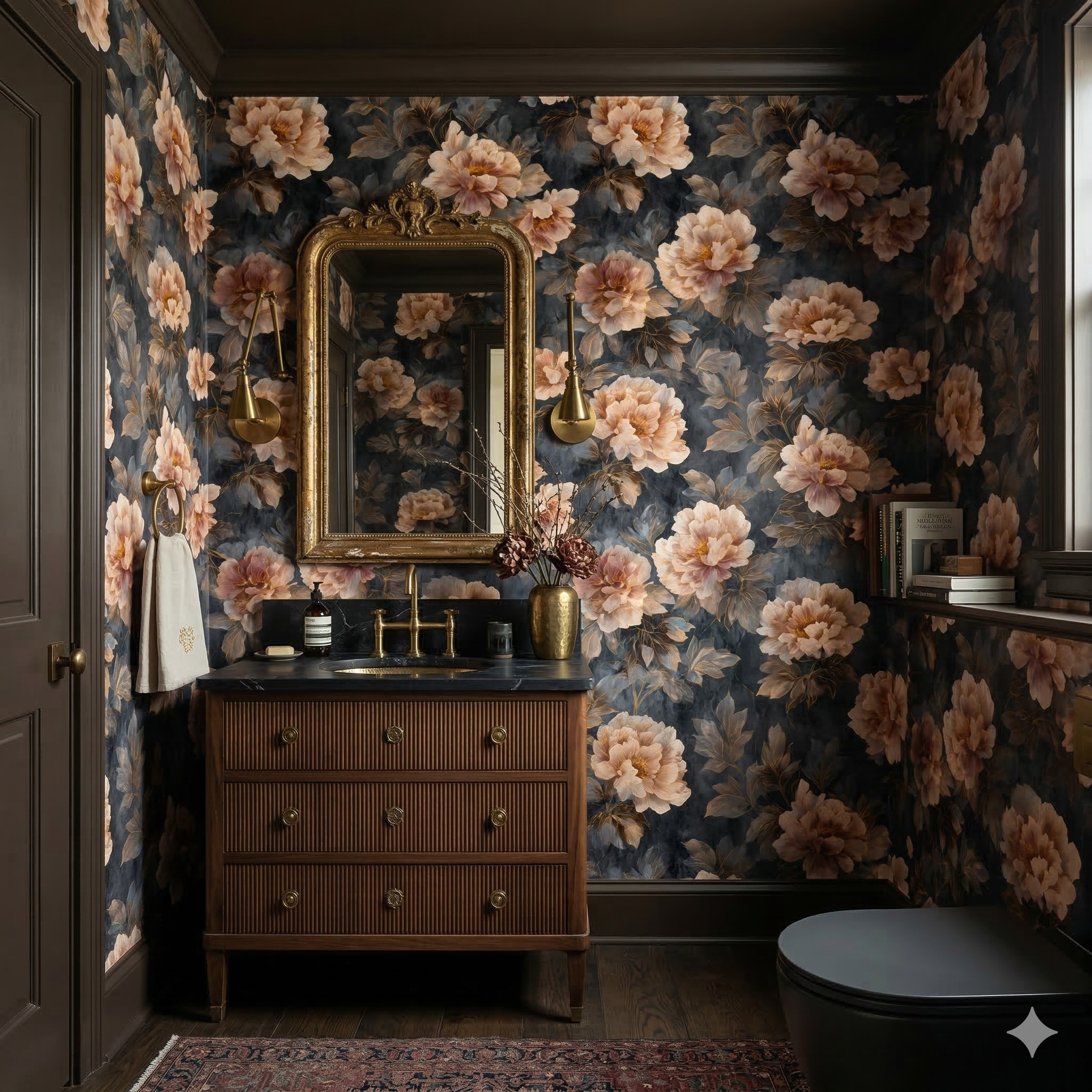 Velours Étoilé Wallpaper with floral pattern, and dark background.
