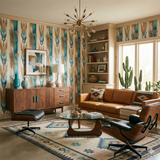 Patterned Azule Mirage wallpaper with blue and tan details, featuring gemstone accents.
