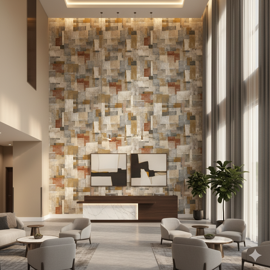Mosaic wallpaper with multicolored geometric shapes and patterns.
