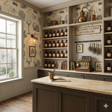 Citrus Etching Wallpaper with fruit and botanical drawings on beige background.
