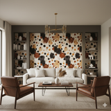Patterned wallpaper with earth tones and splatter design.