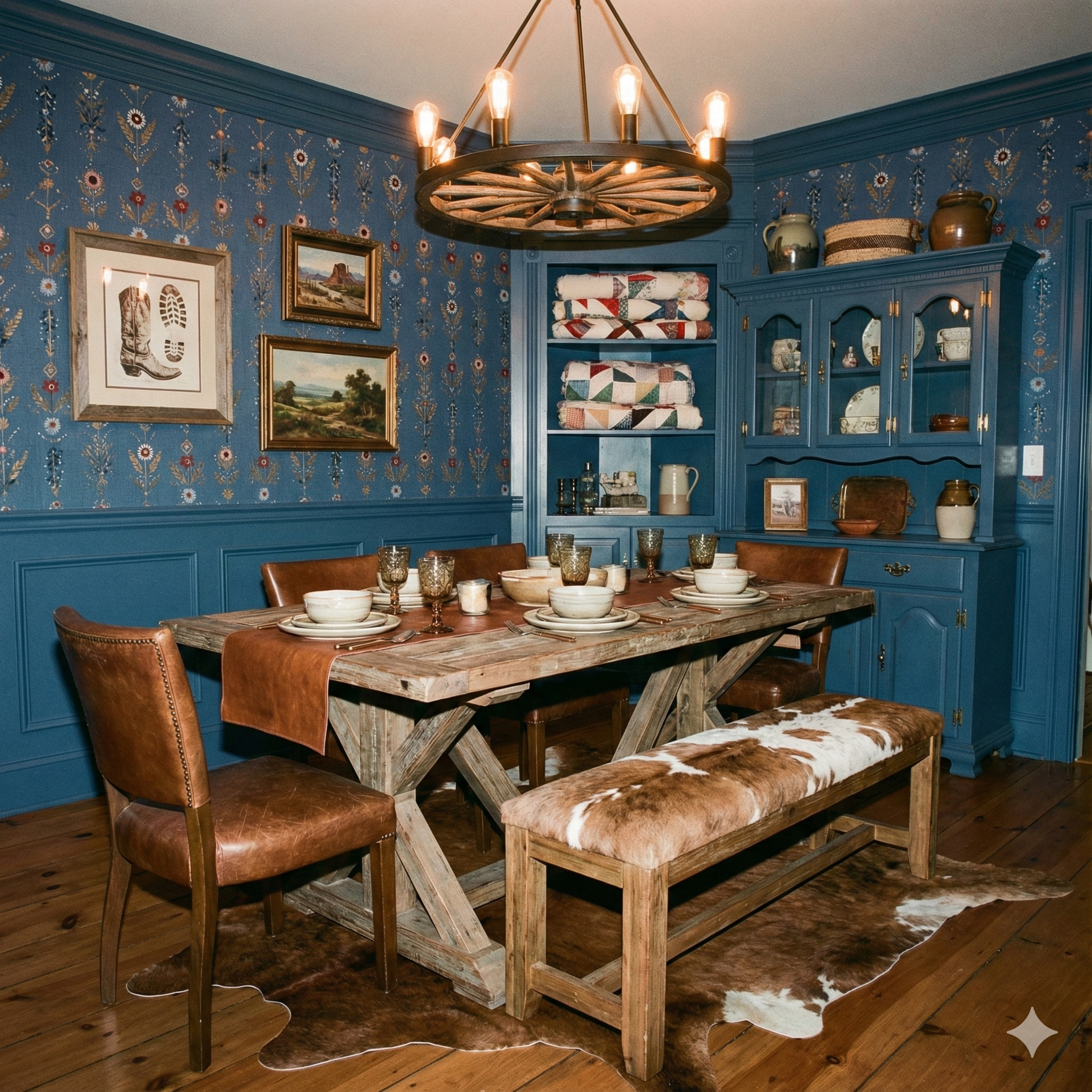 Blue floral wallpaper with stitch detailing covering the walls of a dining room.
