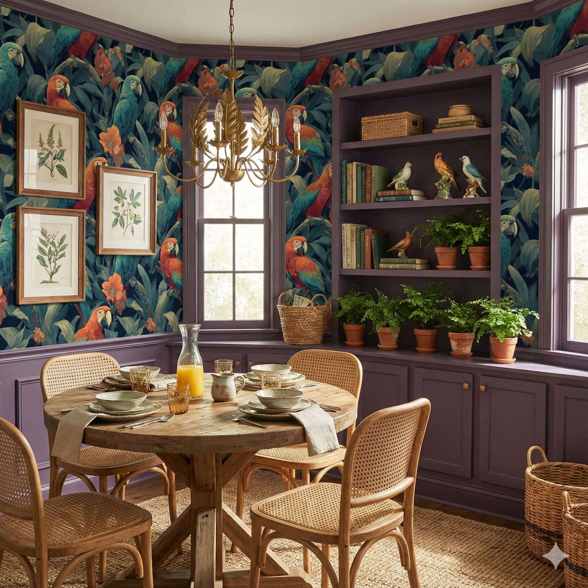 Parrot print wallpaper with botanical accents, covering a dining room wall.