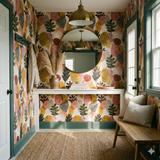 Colorful patterned wallpaper with abstract shapes and foliage motifs on a neutral background.