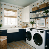 Palm tree wallpaper with blue and brown details, covering the laundry room walls.